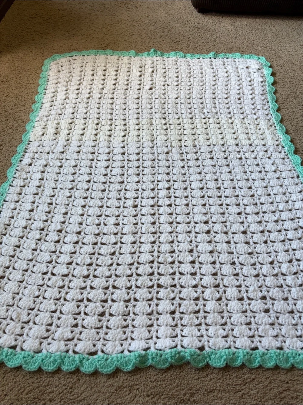 Hand Made Crochet Baby Afghan Mint Green Scalloped edge